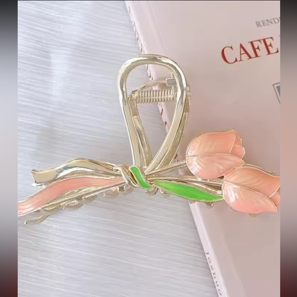 Pink Tulip Floral Metal Enamel Hair Clip